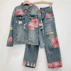 Handmade Lace Stitching Ripped Denim Coat American Style
