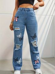Butterfly Printing Denim Trousers
