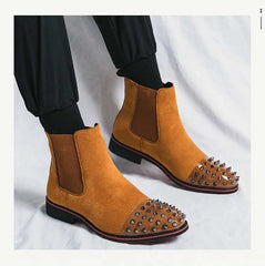 Handmade Chelsea Boots Flock Rivet Square Short Boots