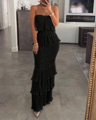 Womens Dresses 2024 Summer Fashion Temperament Solid Color Sexy Bandeau Sleeveless Slim Fit Shirred Ruffle Layered Long Dress