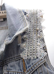 Denim Women Vest Luxury Pearl  Ripped  Jeans  Sleeveless Loose Short Coat