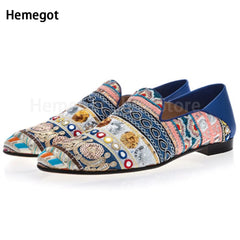 Men Gold Embroidery Loafers Round Toe Slip-On Flat Leisure Men Shoes